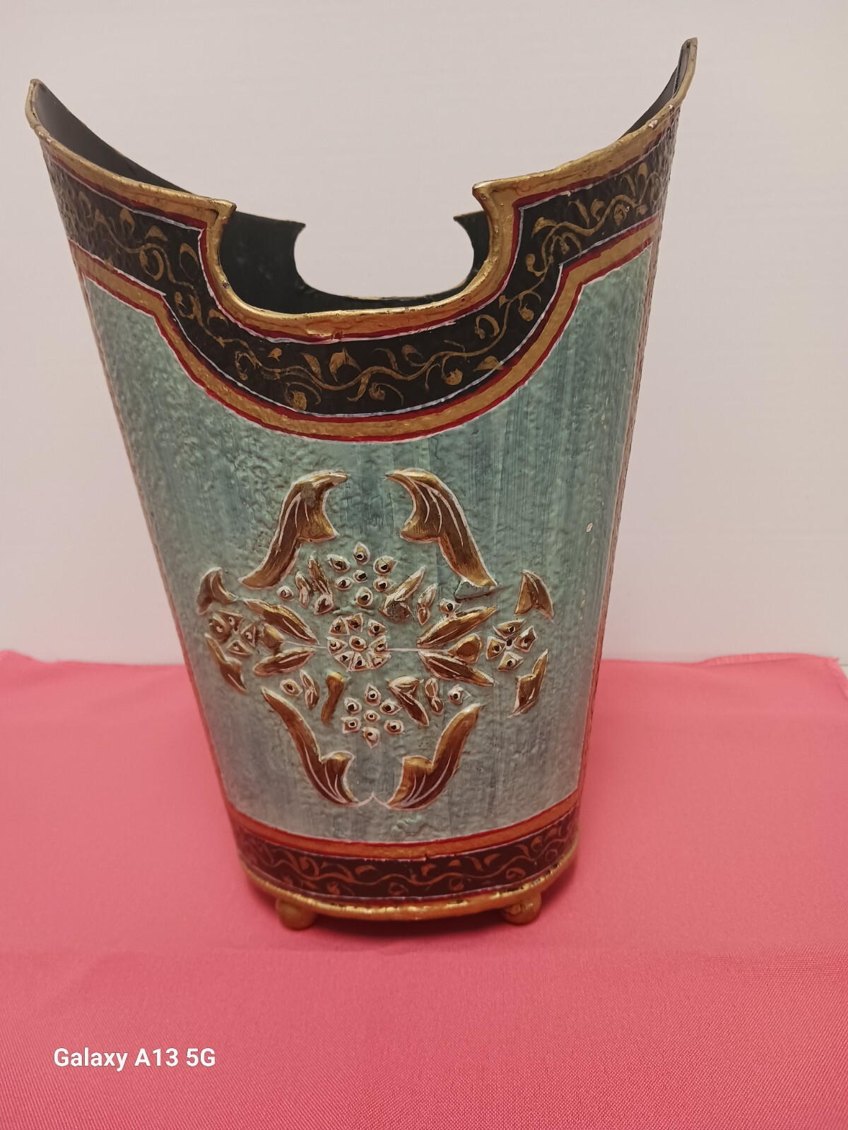 MCM VINTAGE Toleware Cachepot Blue/Green/Red/Black w/ Gold Vase 11”