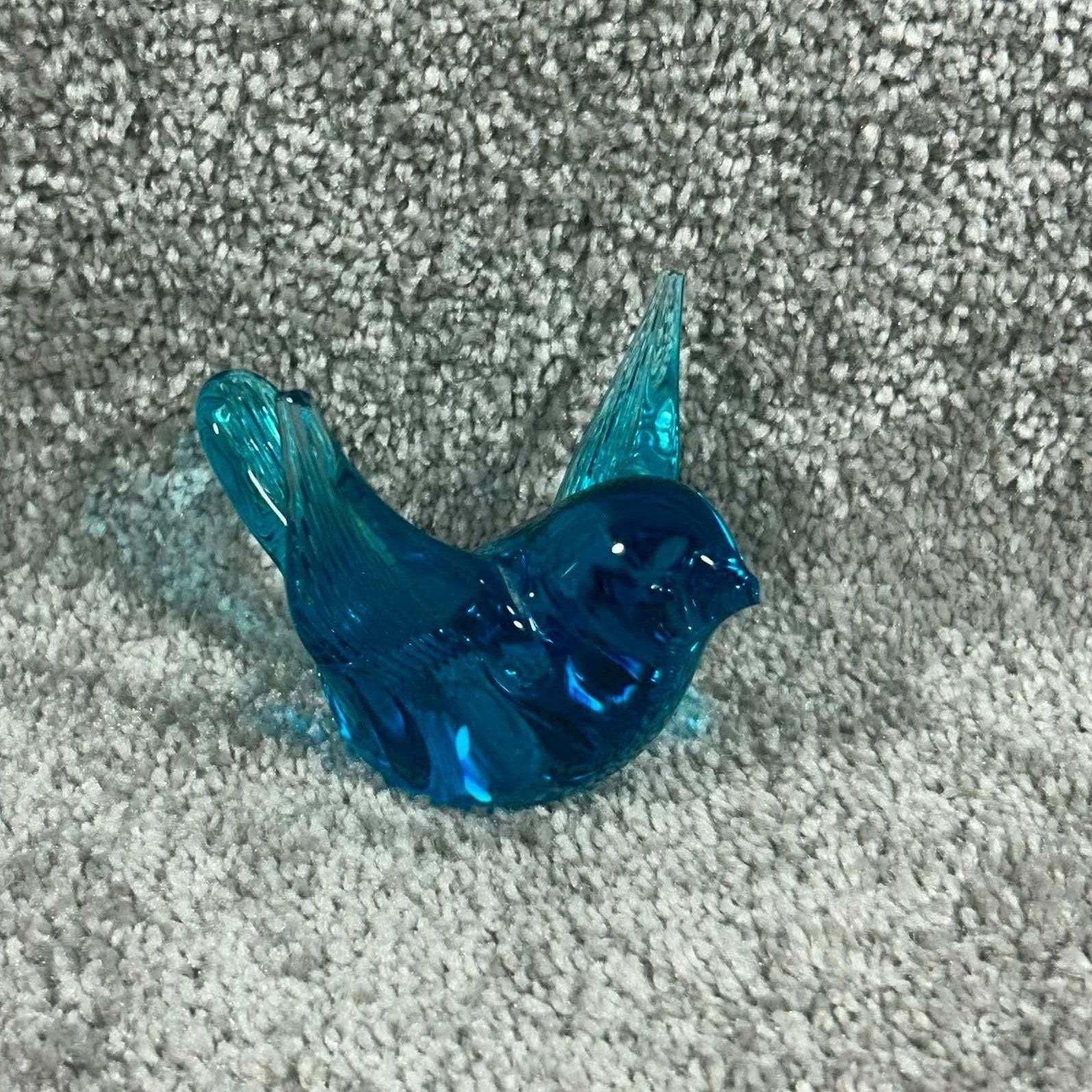 Art Glass Bird Figurine Blue Pressed Glass Nature Decor