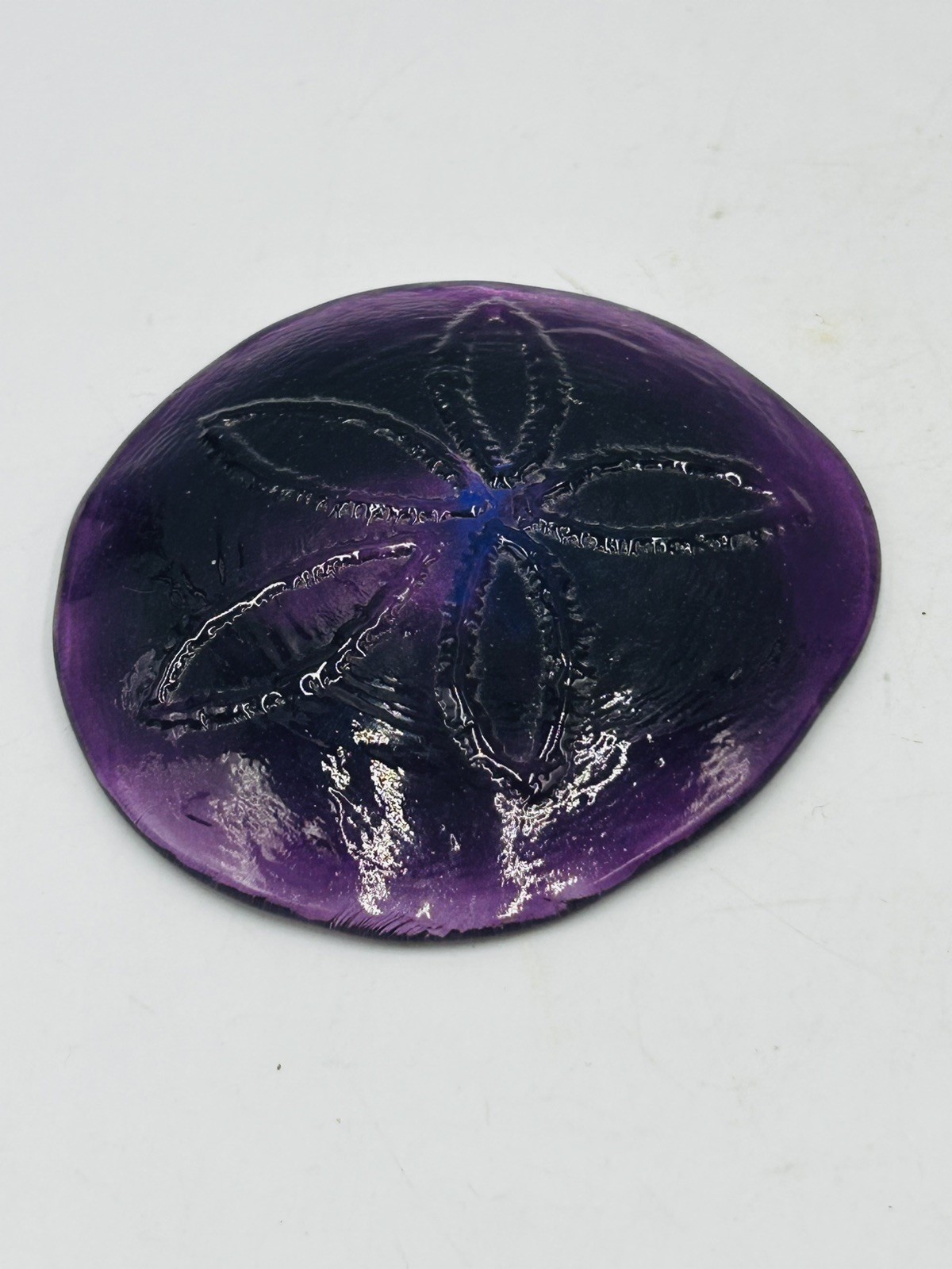 2009 Purple Art Glass Signed Sand Dollar Paperweight Beautiful Beach Decor