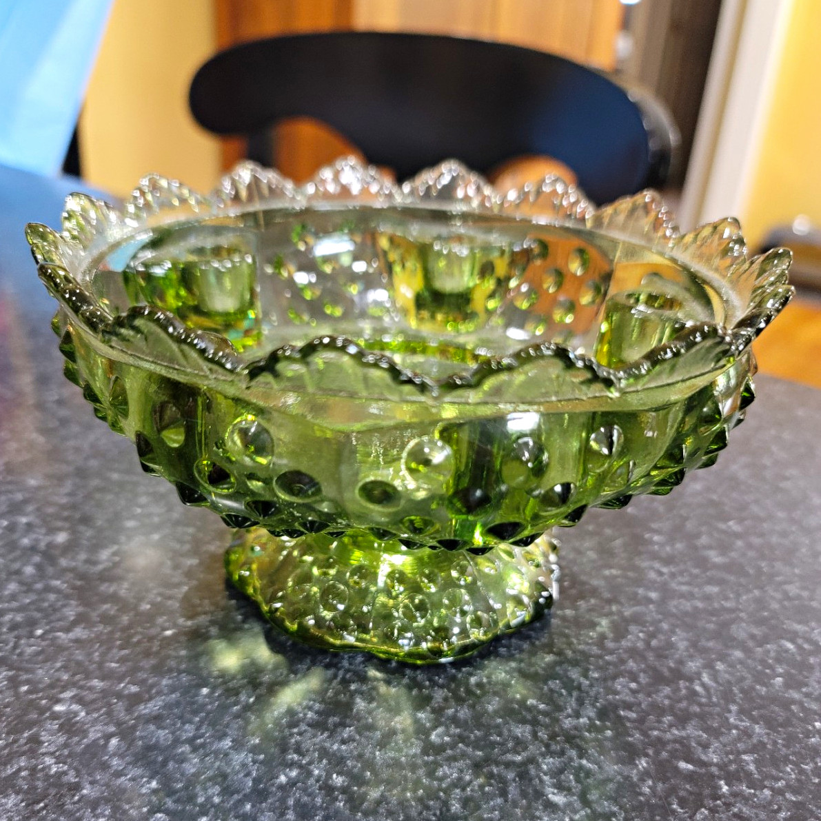 Vintage Fenton “Colonial Green” hobnail glass pedestal candle holder dish
