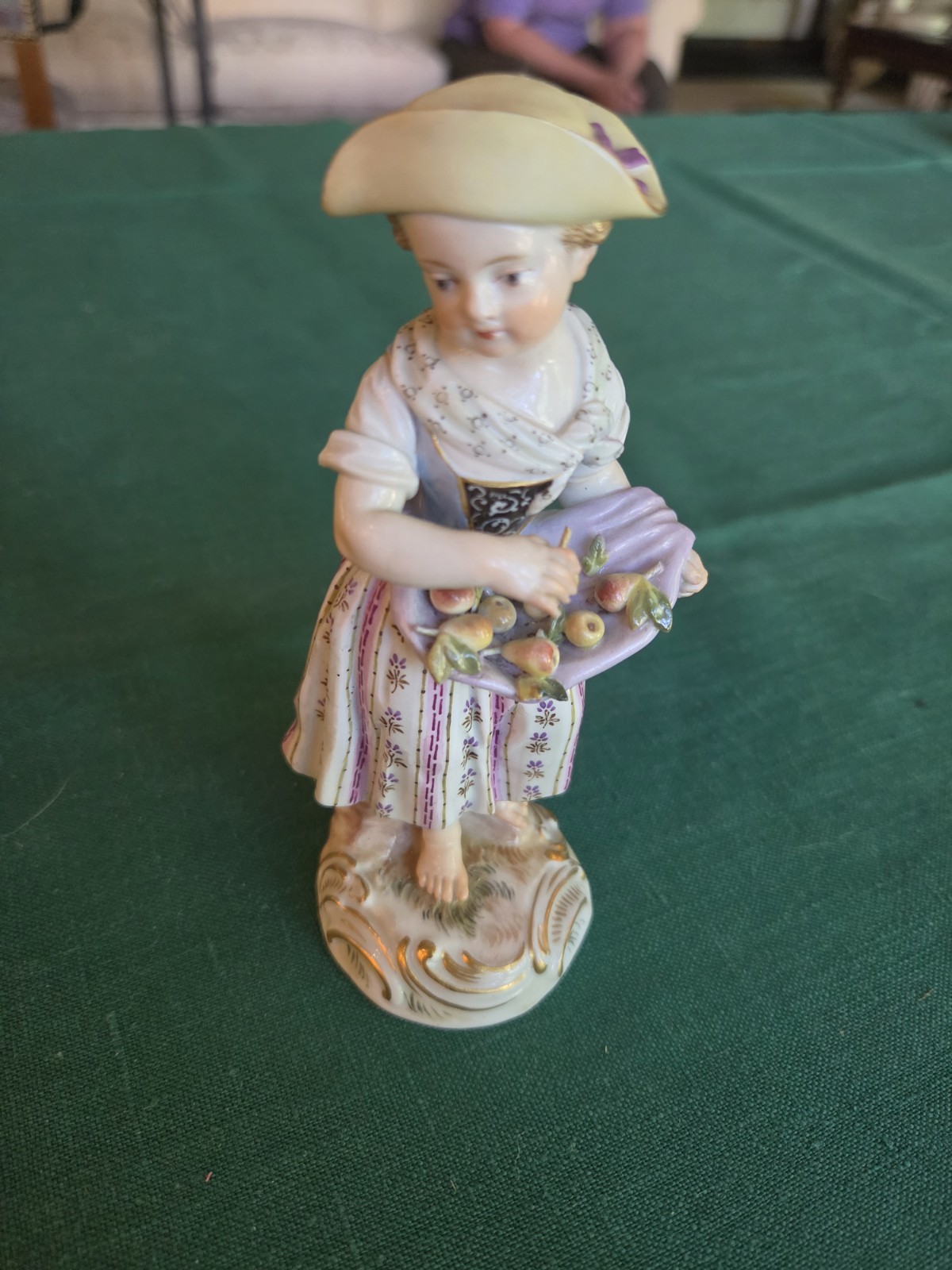 Antique Meissen Porcelain Figurine Girl Fruit Apron Knauf Crossed Swords 19thC