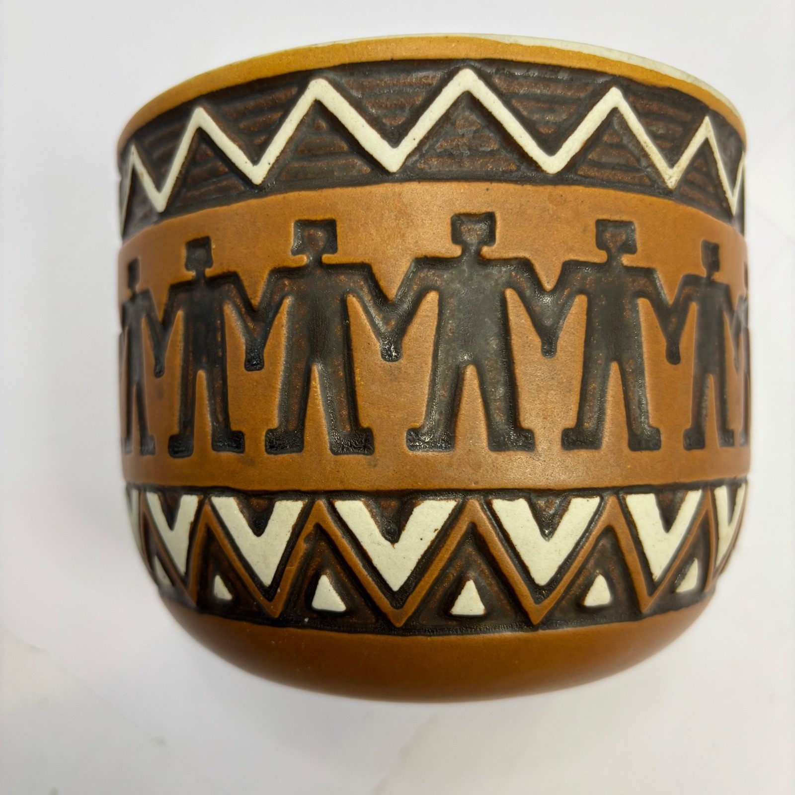 Handmade in Brazil Terracotta Planter Pottery Relief Figures Zigzag Brown Cream
