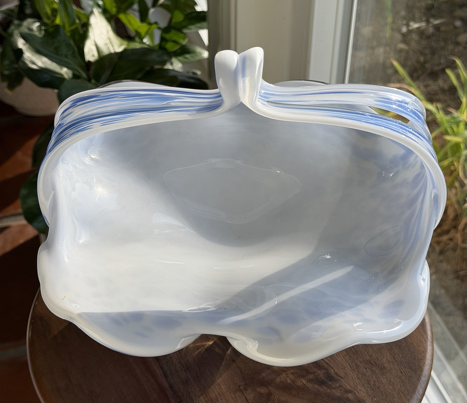Royal Gallery Poland Blue White Hand Blown Art Glass Basket Centerpiece 1999
