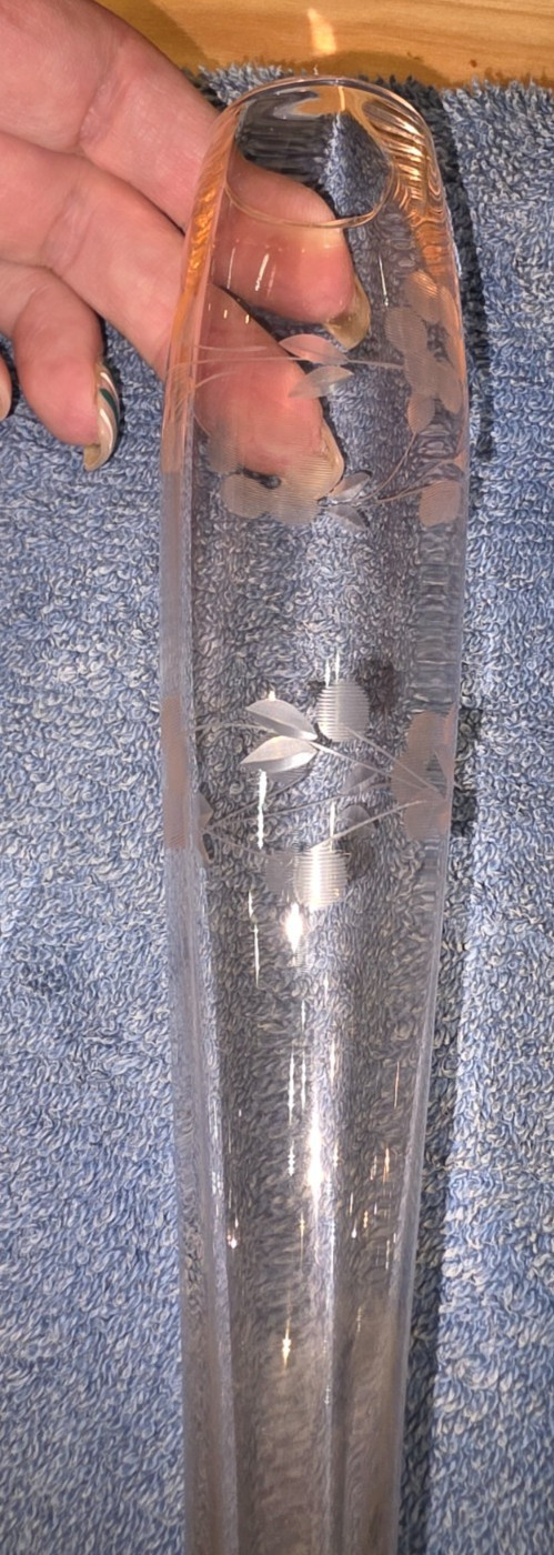 Etched Glass Tall Stemmed Vase or Champagne Flute Amber Stem Floral 10” Vintage