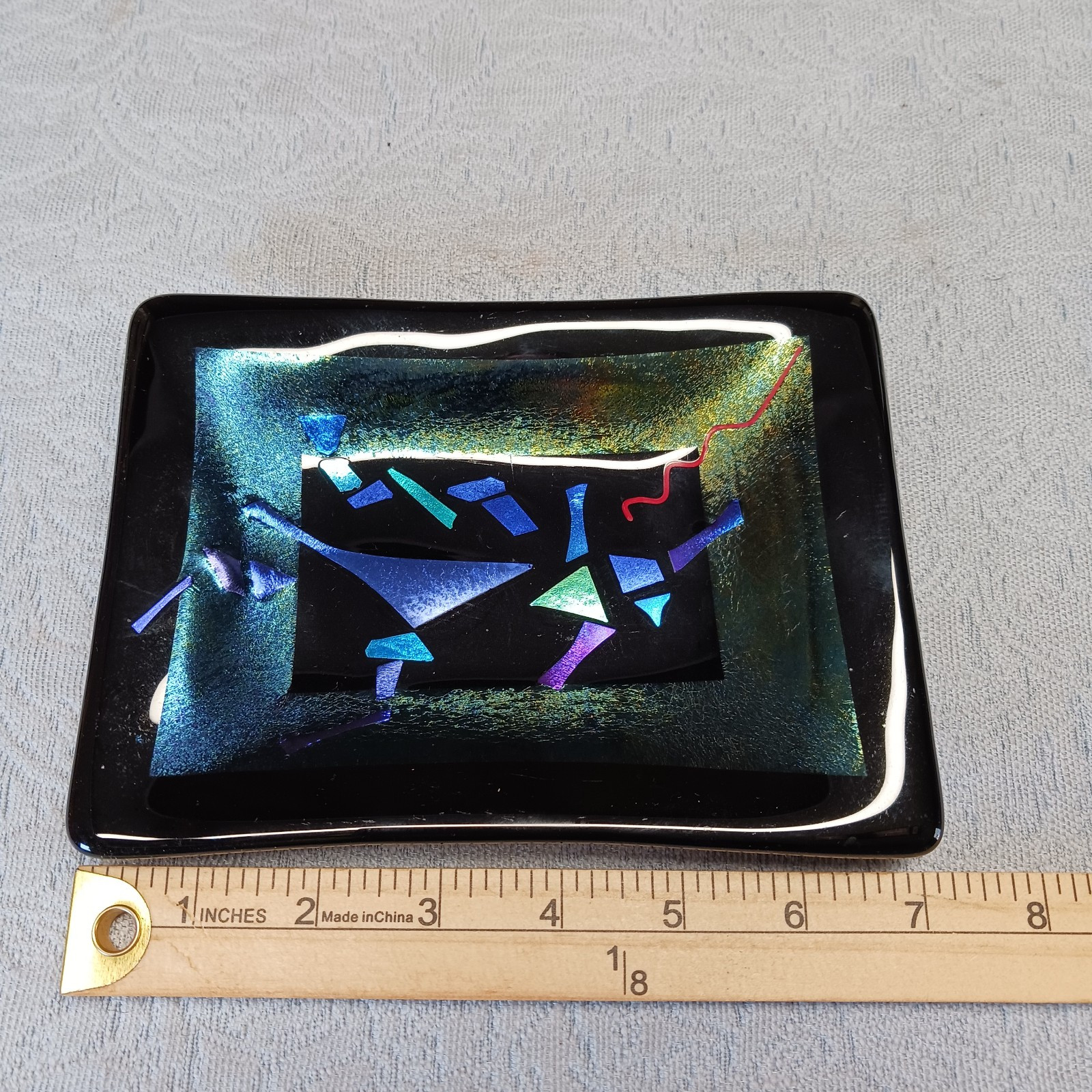 Signed Art Glass Iridescent Confetti Tray Fused Glass Ring Dish 5×7