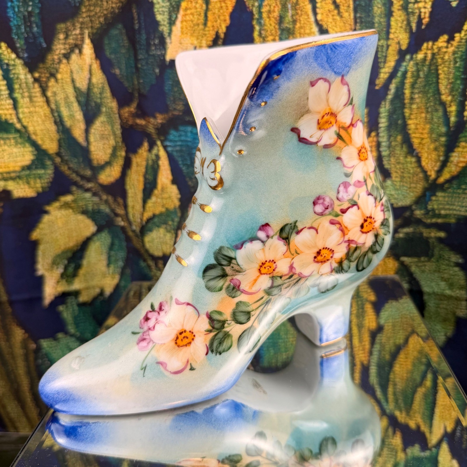 Vintage Hand Painted Porcelain Floral Victorian Boot Figurine Blue Gold Gilt