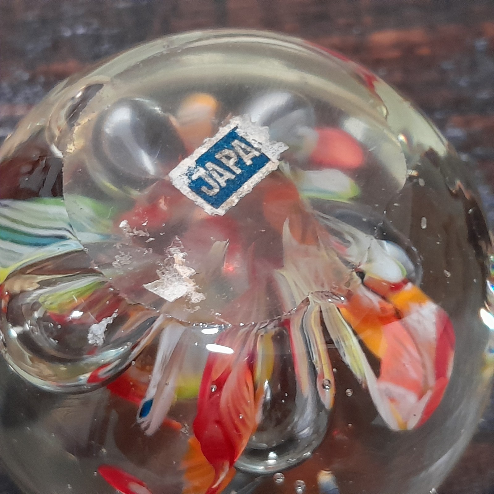 Art Glass Paperweight Round Floral Orange Yellow Red Bubbles 13oz Japan