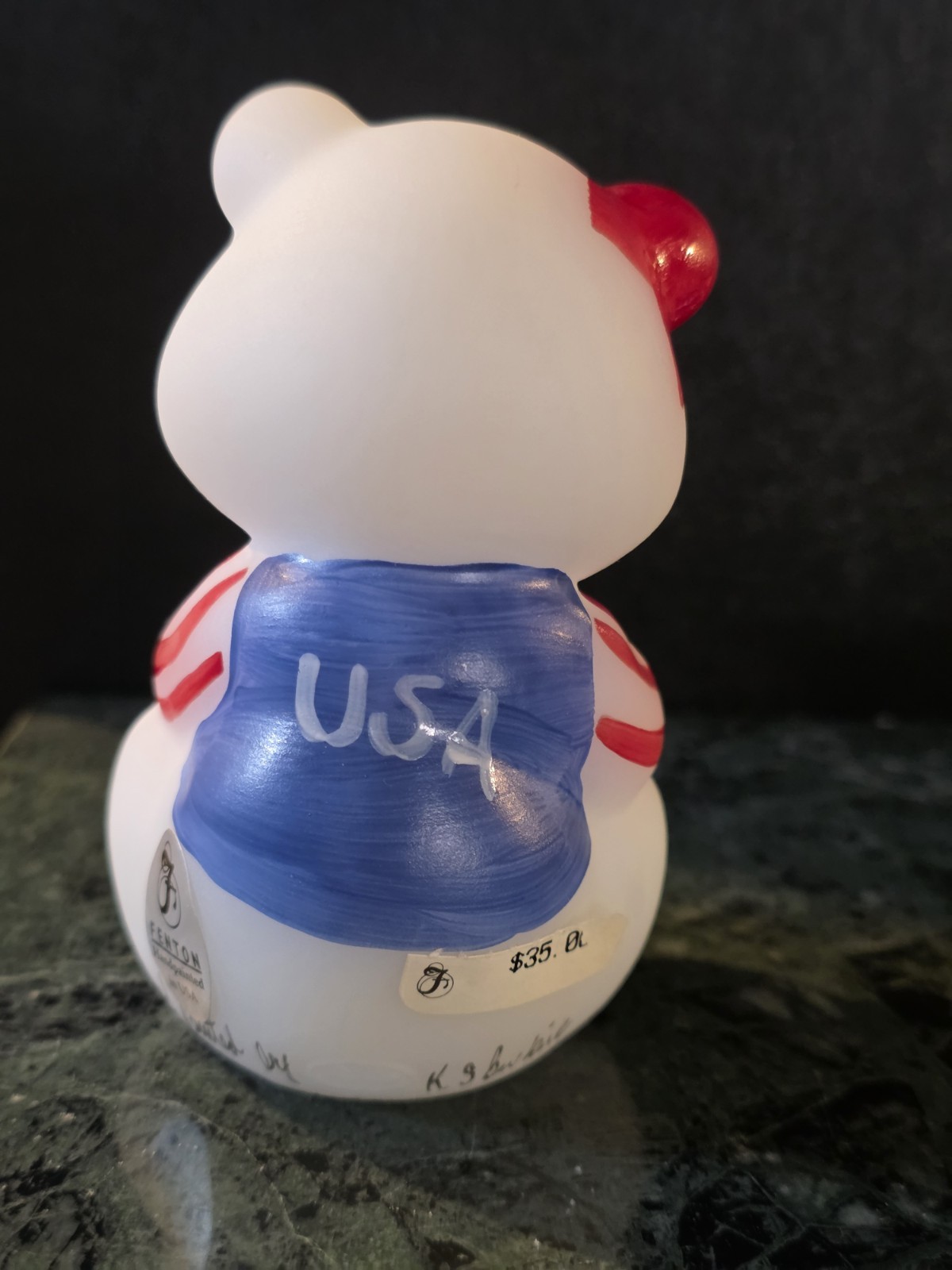 Fenton 2001 Sitting Bear Patriotic Stars and Stripes White Satin Glass Signed