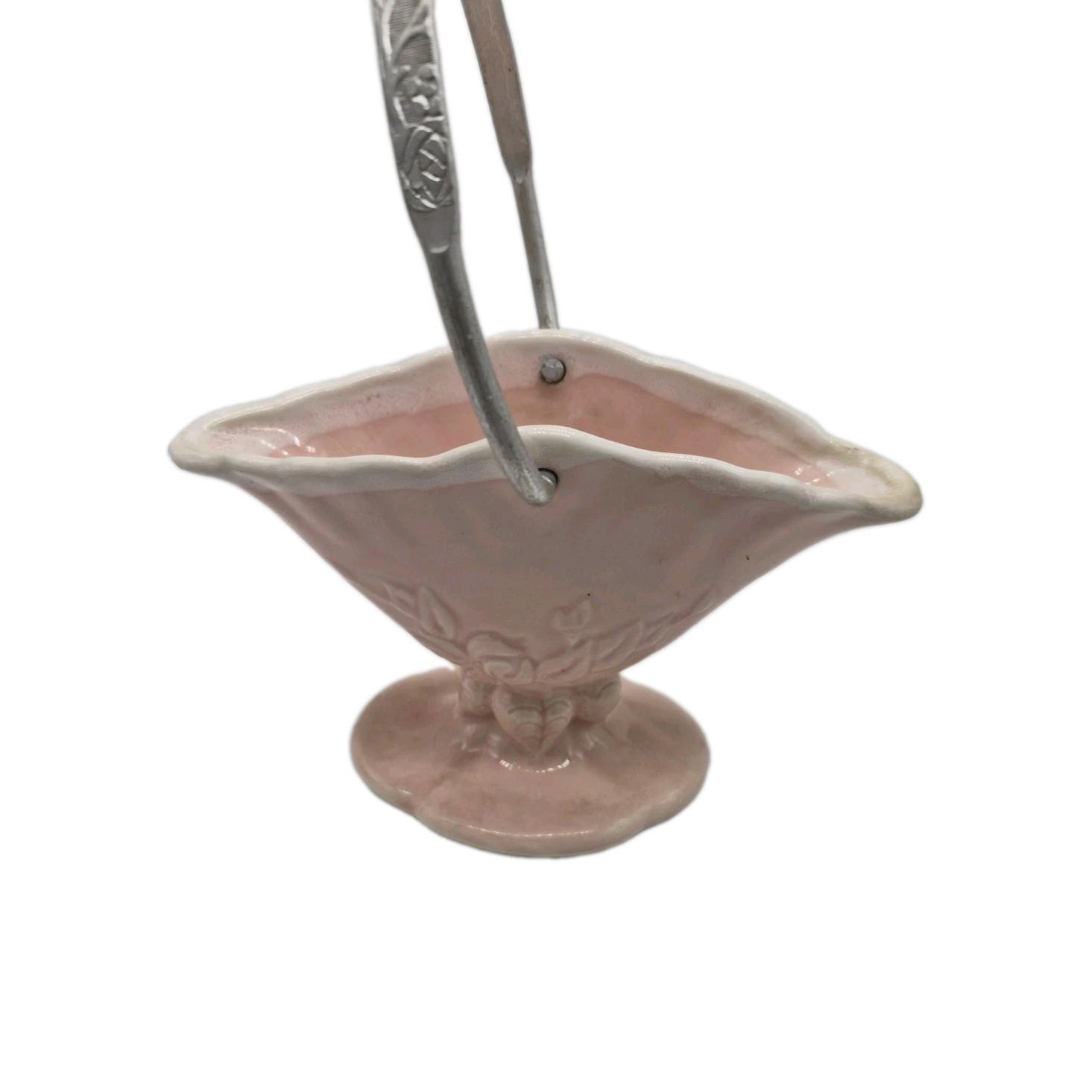 Colonial China Co Pink Ceramic Vintage Basket with Aluminum Handle # 700 USA