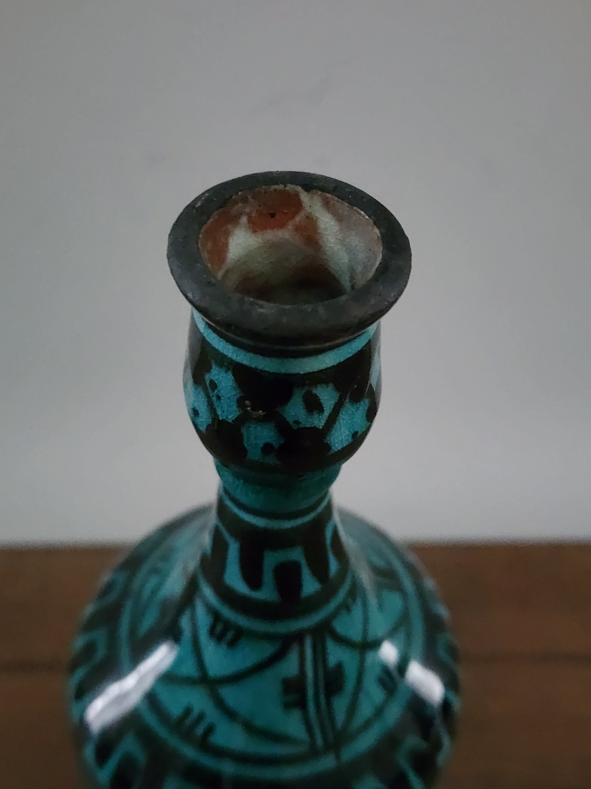 Vintage Safi Morocco Hand Painted Terra Cotta Vase Turquoise Geometric Art 9″