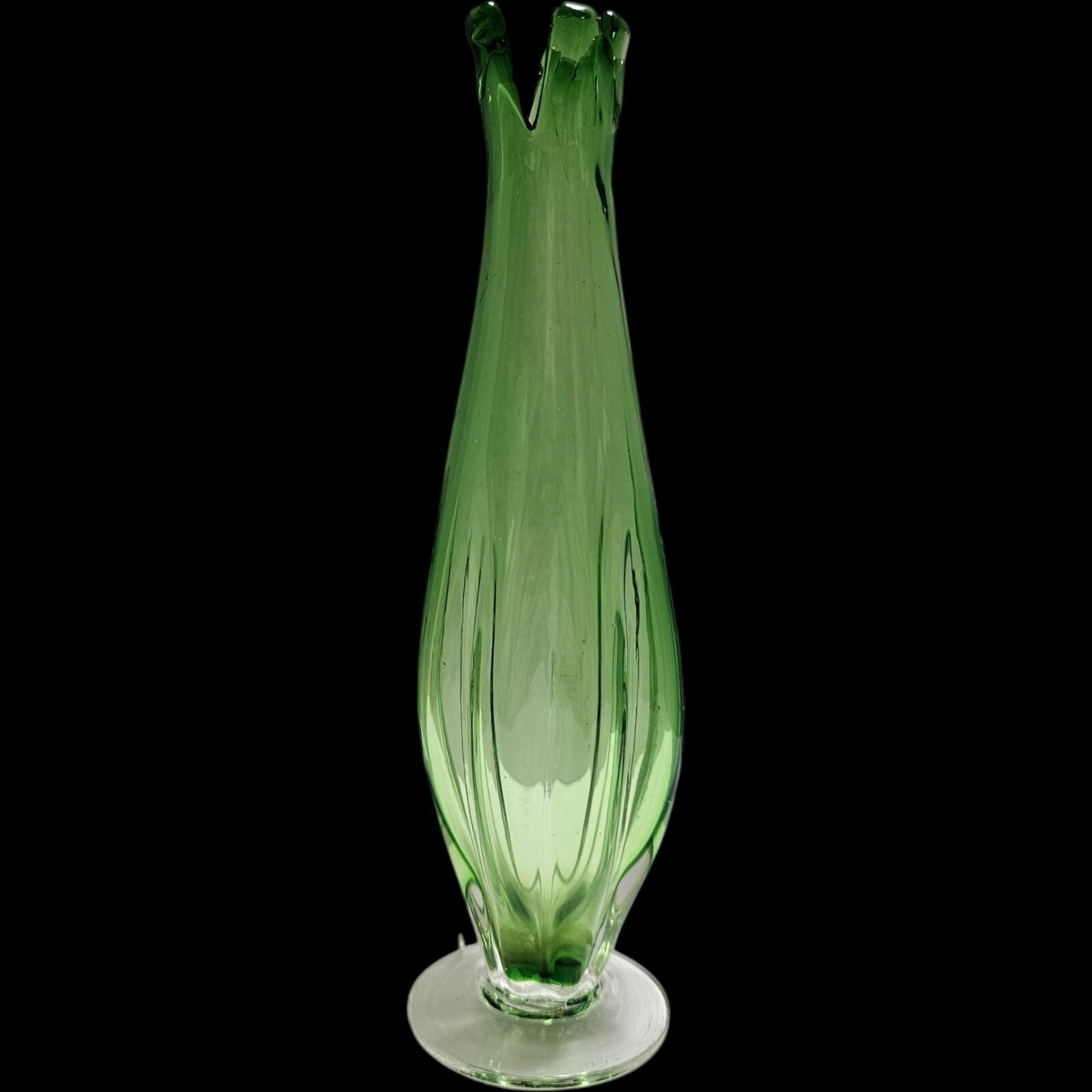 Hand Blown Light Green Art Glass Bud Vase with Clear Round Base 9.25″ Tall