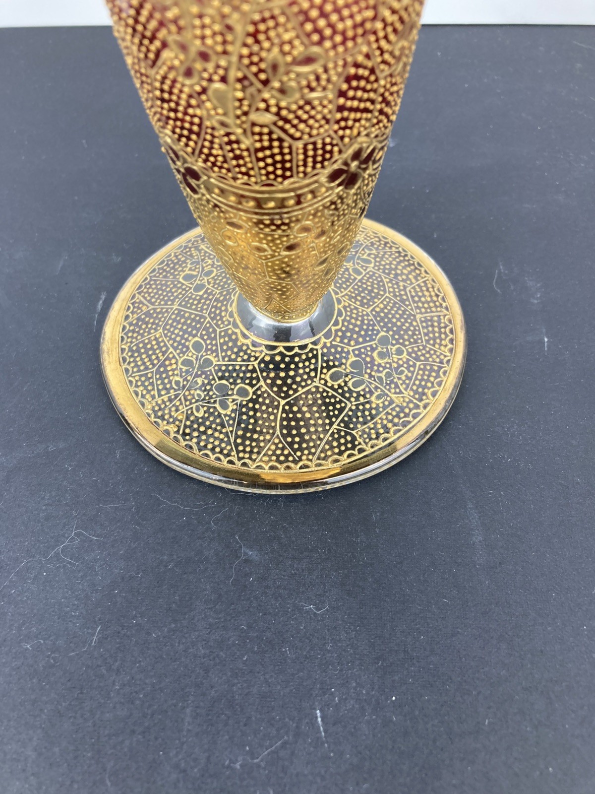 Antique Moser/Bohemian Cranberry and Heavy Stipped Gold Vase. 12 1/2″ Tall.