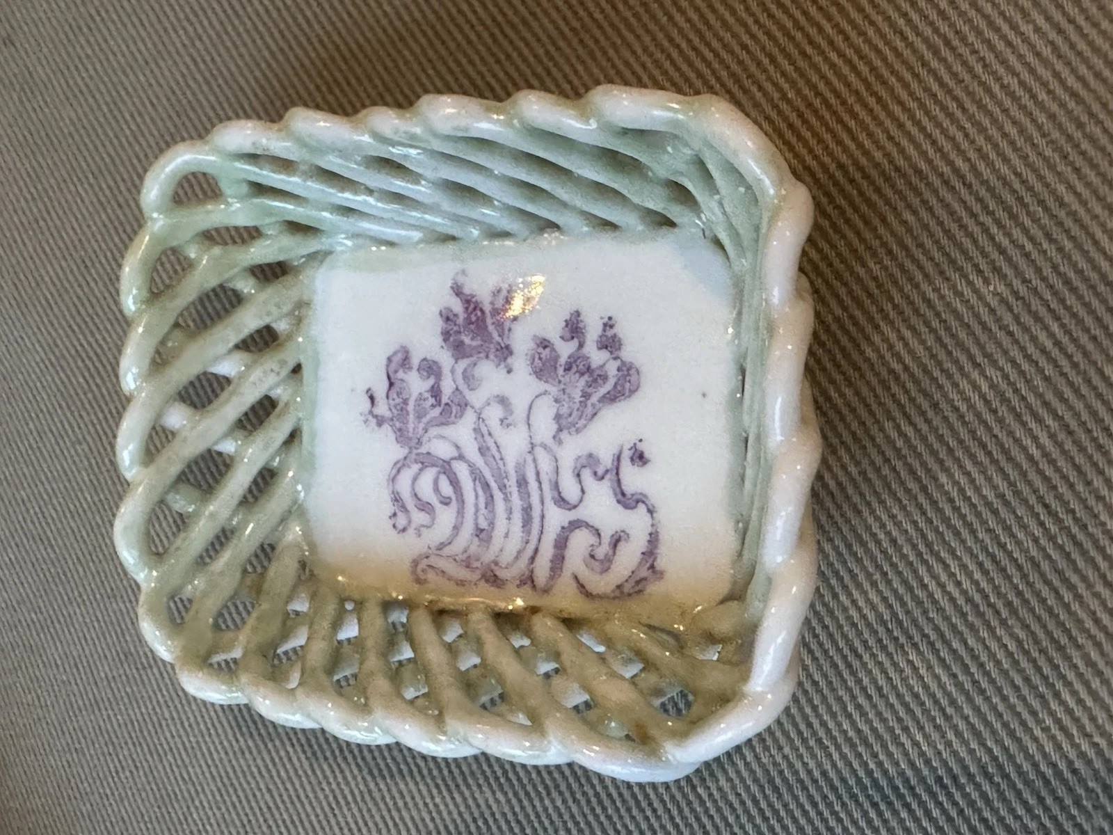 Antique White and Green with Purple Iris Floral Small Porcelain Rope Basket