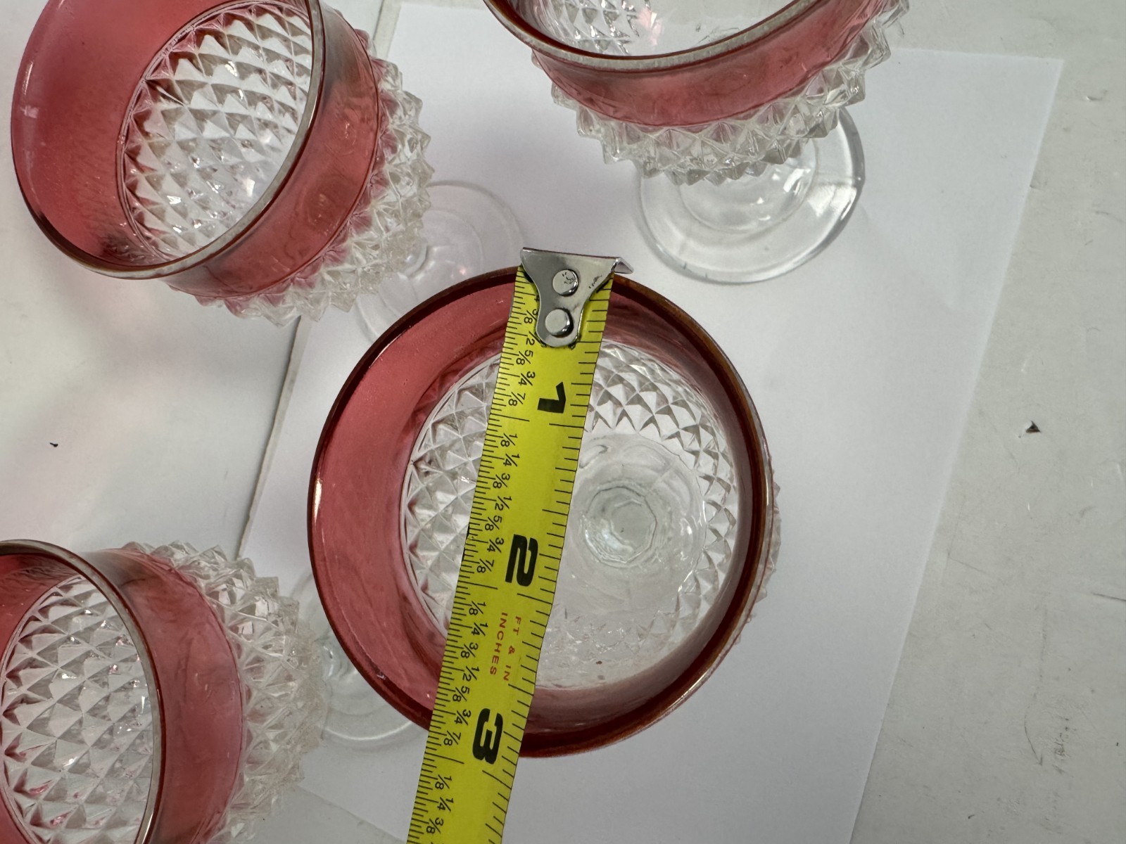 x4 LOT Vtg Indiana Glass Diamond Point Footed Goblets w/Cranberry Flash.