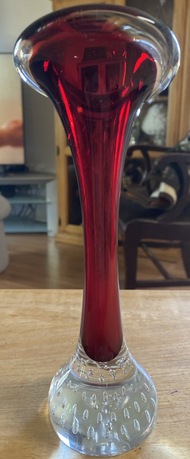 Aseda Vintage Scandinavian Art Glass Bud Vase Red/Clear Bubbles 8 Inches EUC