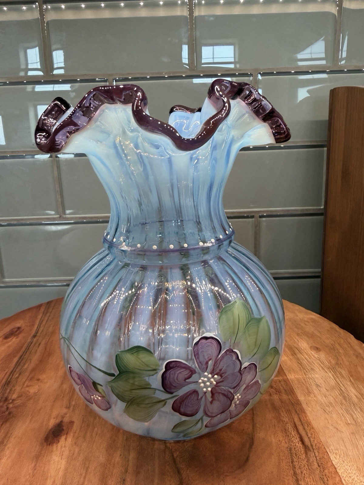 Fenton Art Glass “Misty Blue Rib Optic Vase” ruffled plum/mulberry edge (glows)