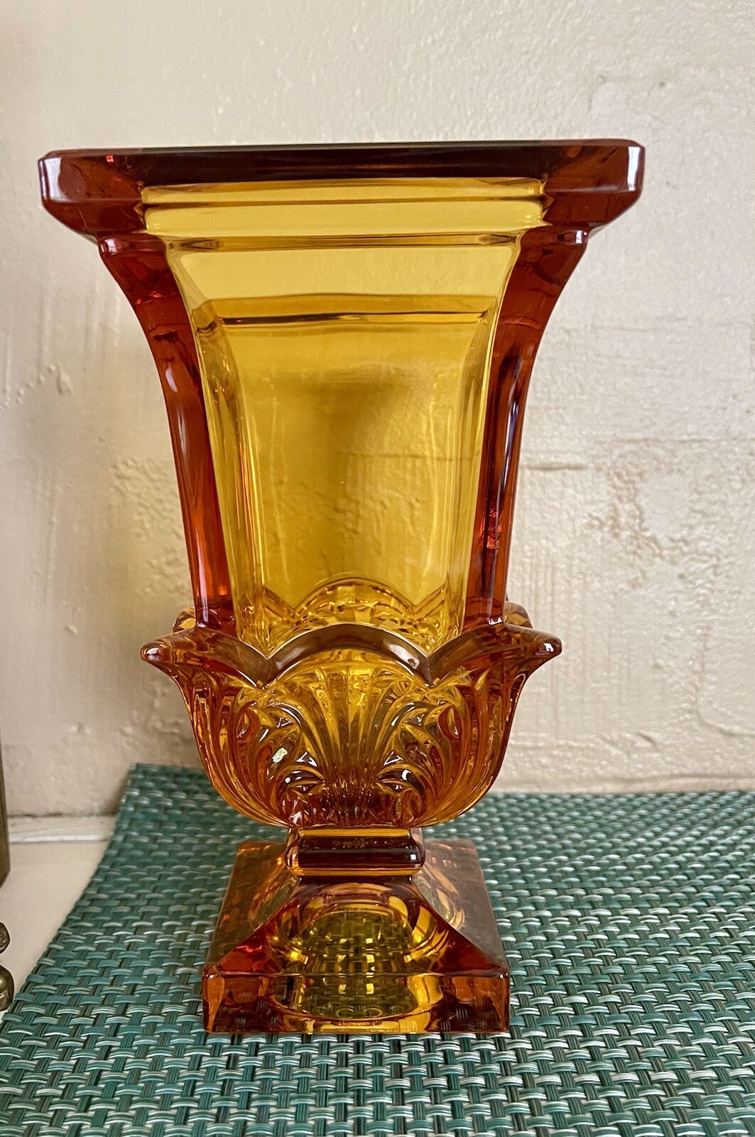 JOSEPHINENHUTTE Moser Style Amber Acanthus Vase Crystal Heavy 8” Tall