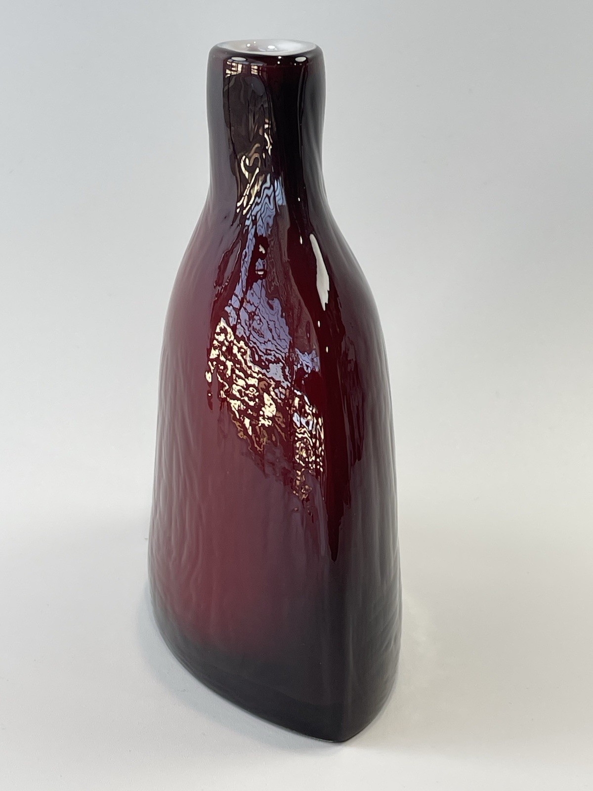 Ruby Red Glass Vase Bottle Shaped White Cased Hand Blown Textured Unmarked