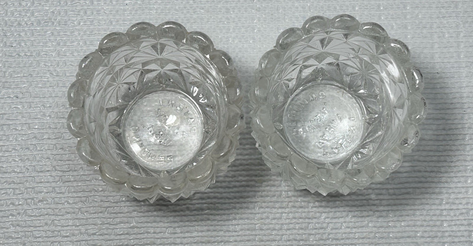 2 VTG FAROY Buttons Daisy Bows Clear Glass Votive Toothpick HOLDER 2-3/8″ USA