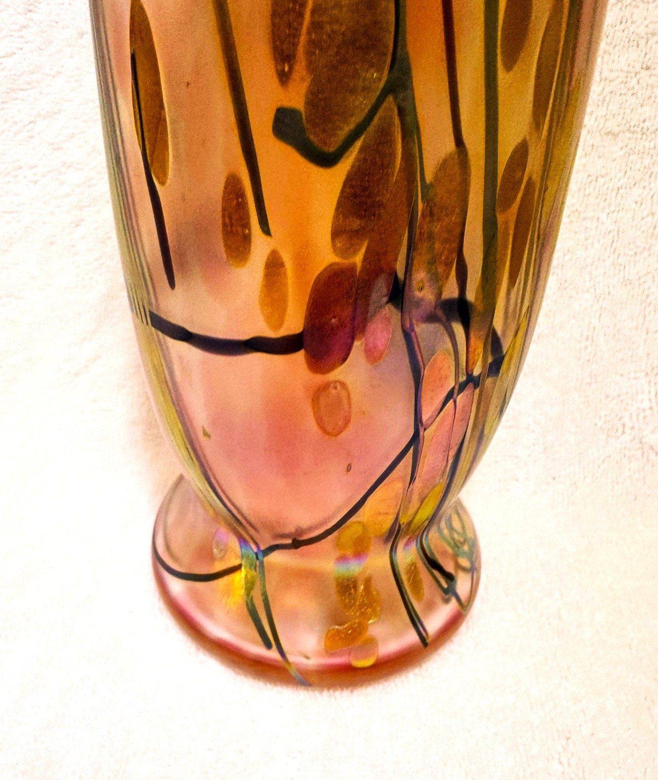 Vintage Tim Lazer 15″ Art Glass Vase, Mauve Pink Gold Irridescent, Signed 1994