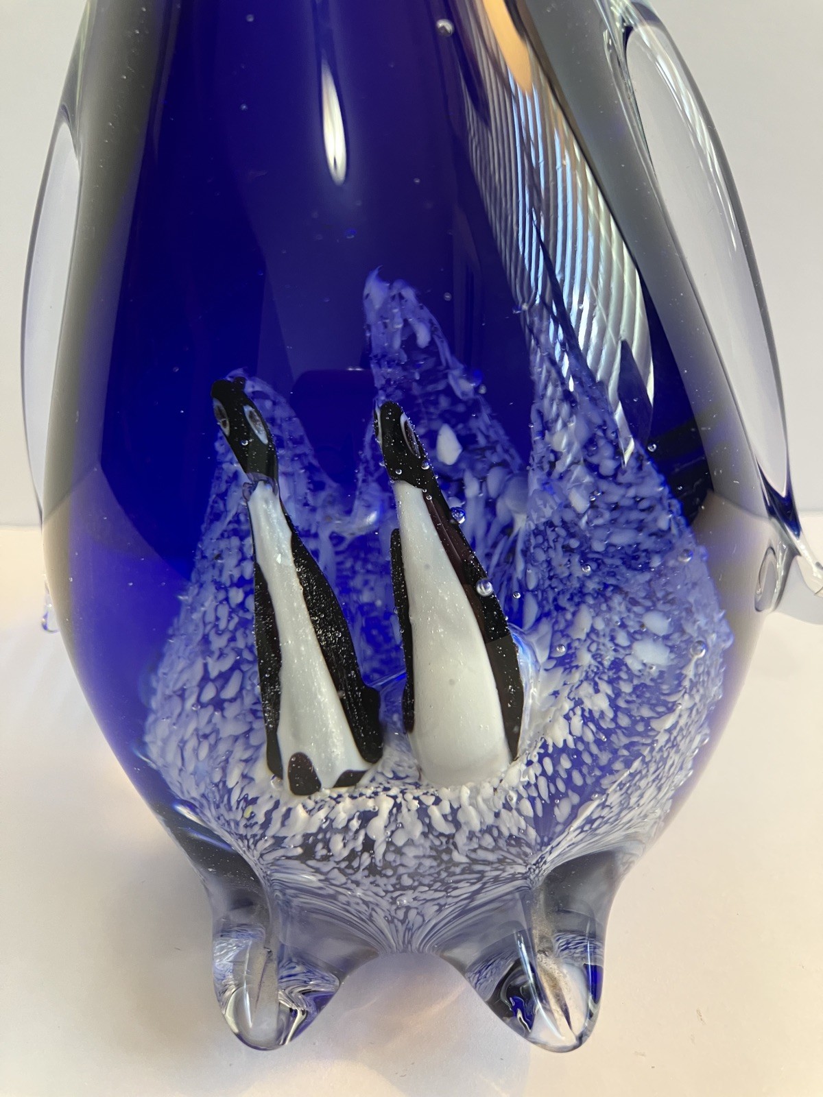 Art Glass Paperweight Penguin With 2 Babies Figurine Cobalt Blue & Clear 6″ 2+lb