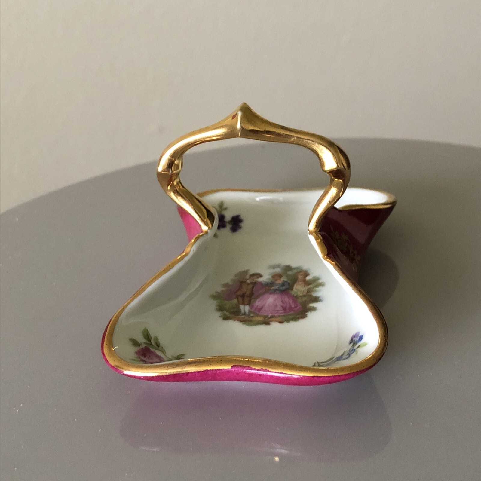 Limoges Castel France Porcelain Trinket Dish Handle Pink Gold matches dollhouse