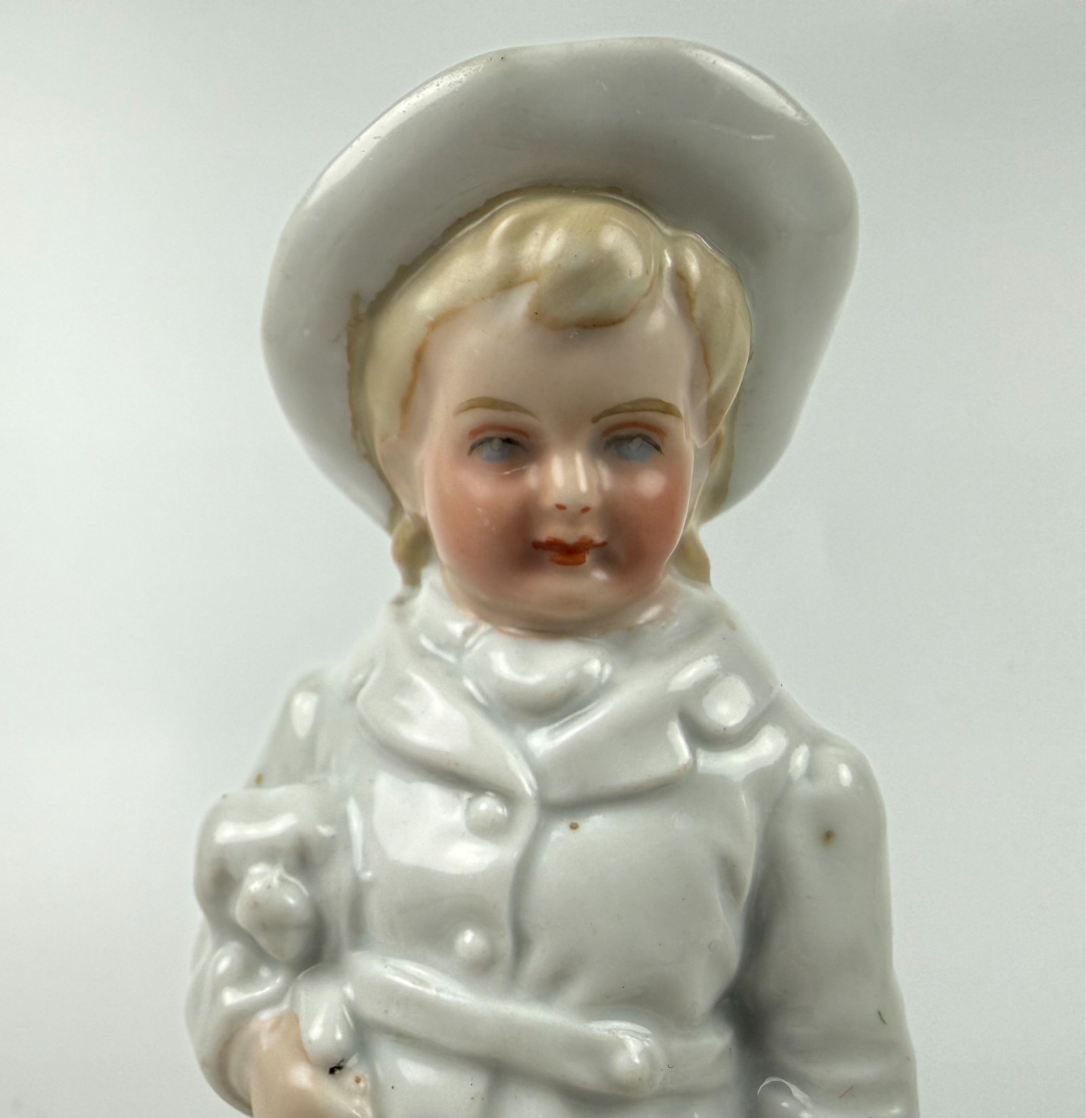 Antique German Conta Boehme Porcelain Match holder bud vase boy puppy figurine