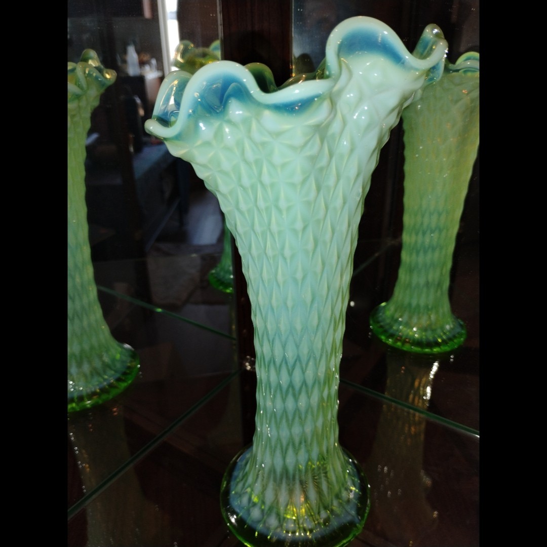 Vintage Northwood Diamond Point Green Opalescent Swung Vase