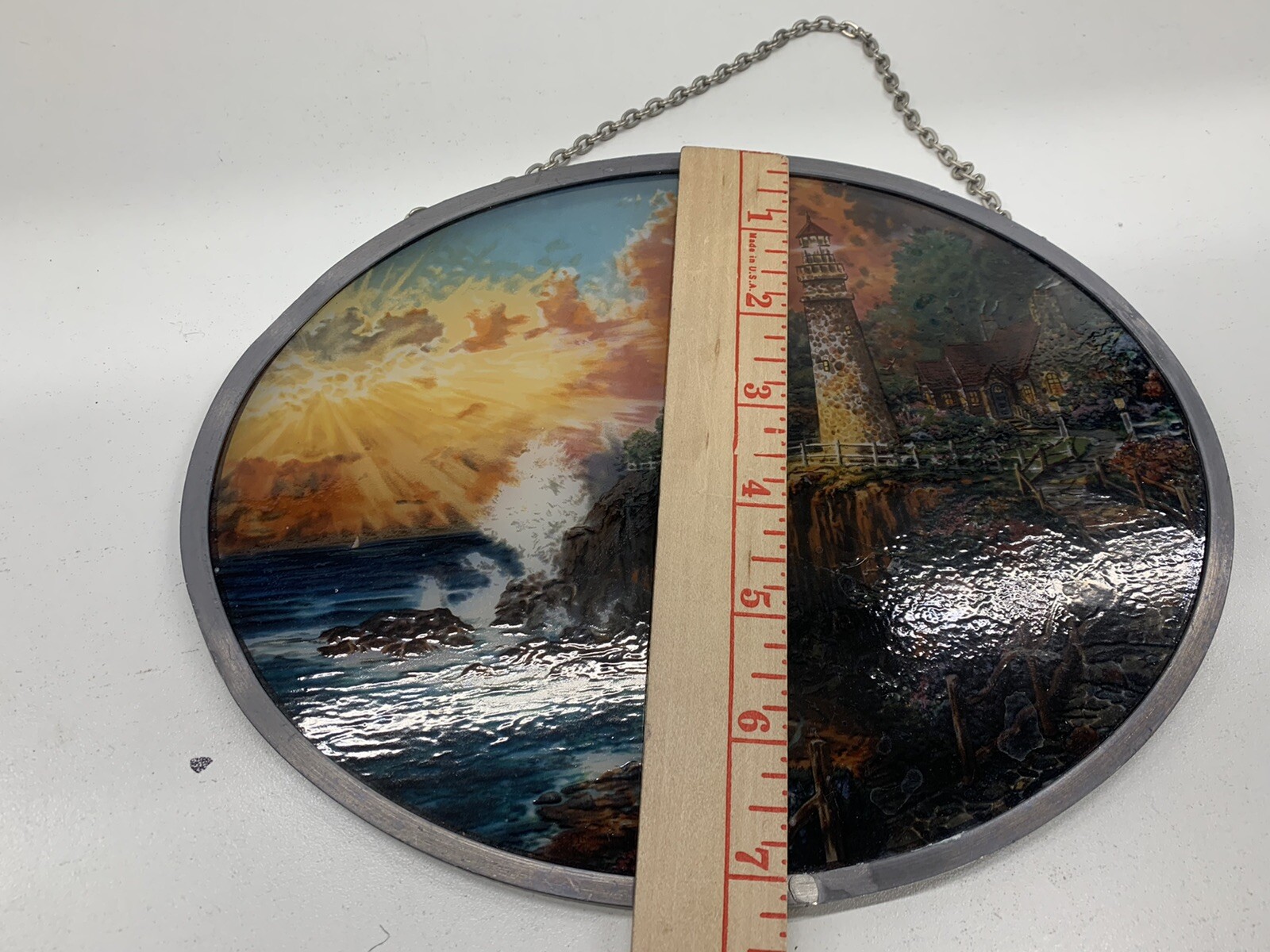 Glassmaster Thomas Kinkade Art Glass Oval Suncatcher Lighthouse Scene