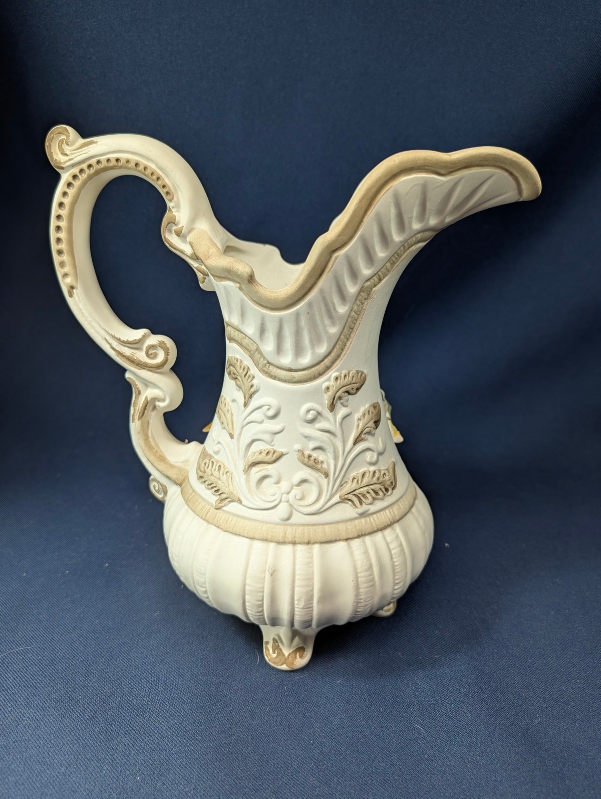 Elegant Capodimonte 3D Roses Pitcher Vase Jug Hand Painted Bisque Porcelain MINT