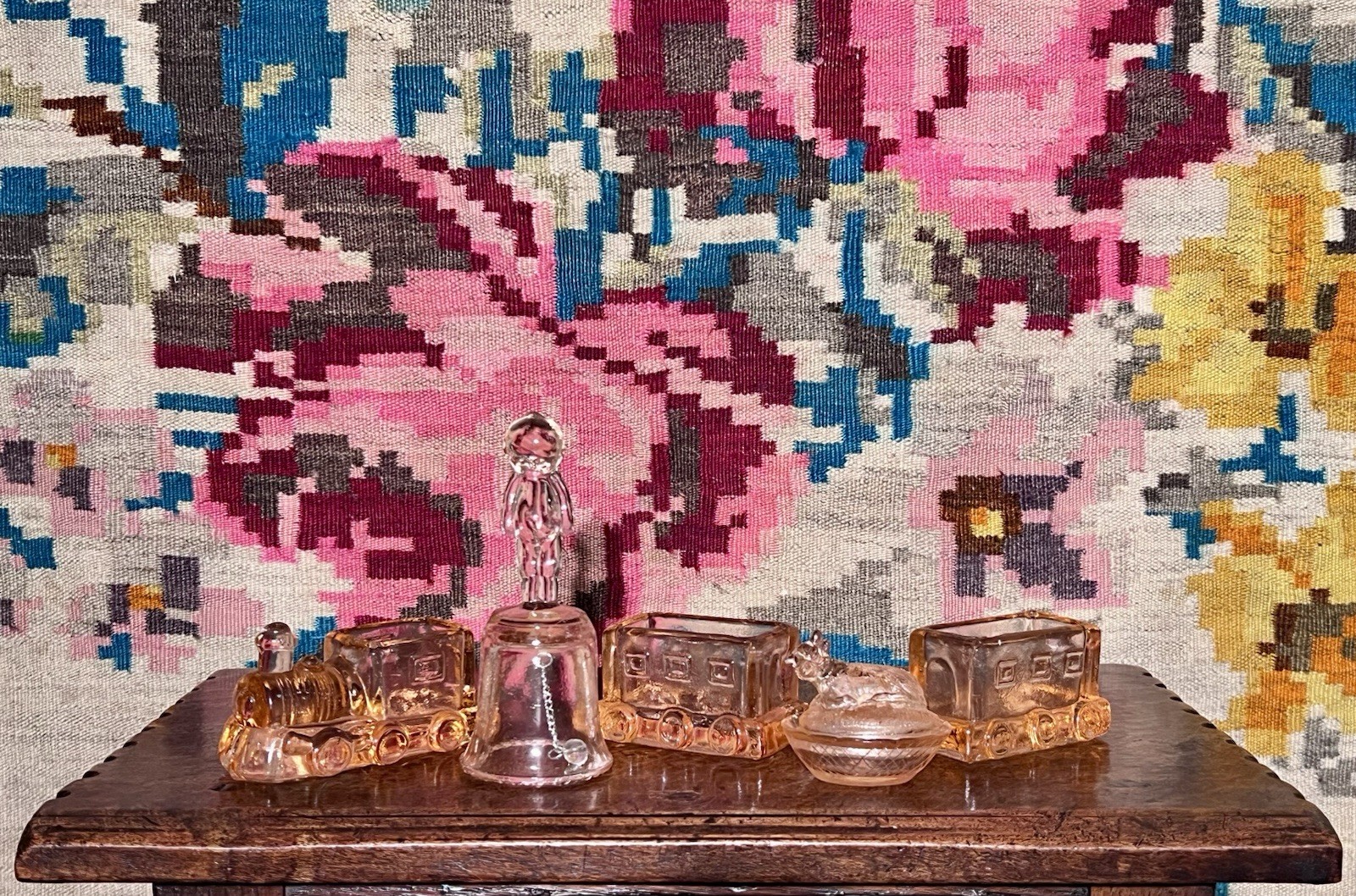 Vintage Pink Art Glass Train Set, Louise Doll Bell, Lamb Dish: 1980s Collection