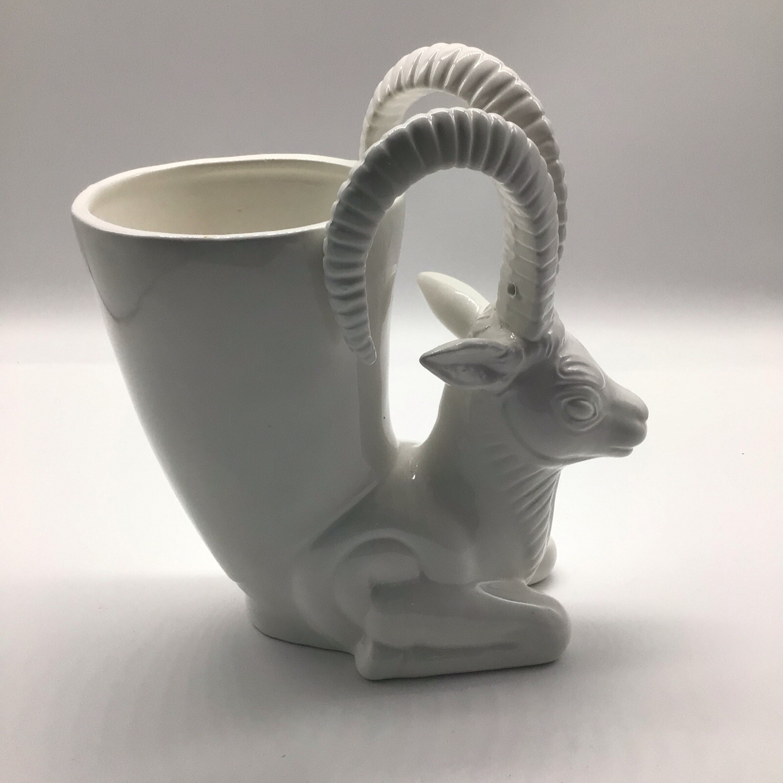 Abigails White Ceramic Ram’s Head Cornucopia Vase Or Planter Art Deco Style