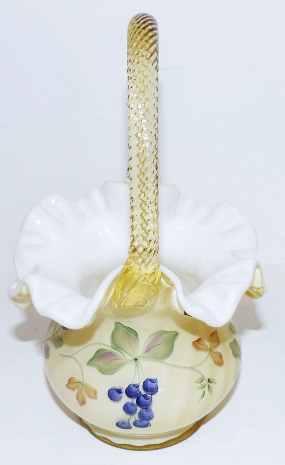 FENTON GLASS HAND PAINTED JK SPINDLER MOUNTAIN BERRY GOLD OVERLAY 7 3/8″ BASKET
