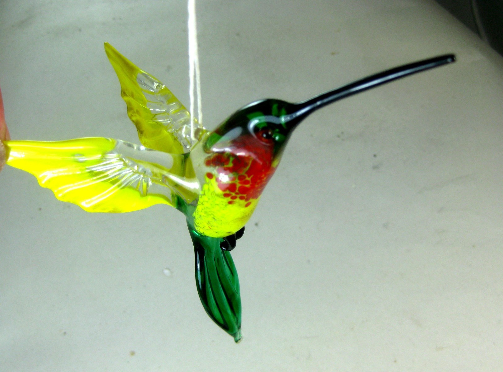 Hand blown glass animal Hummingbird hanging figurine ornament green yellow 4.9″