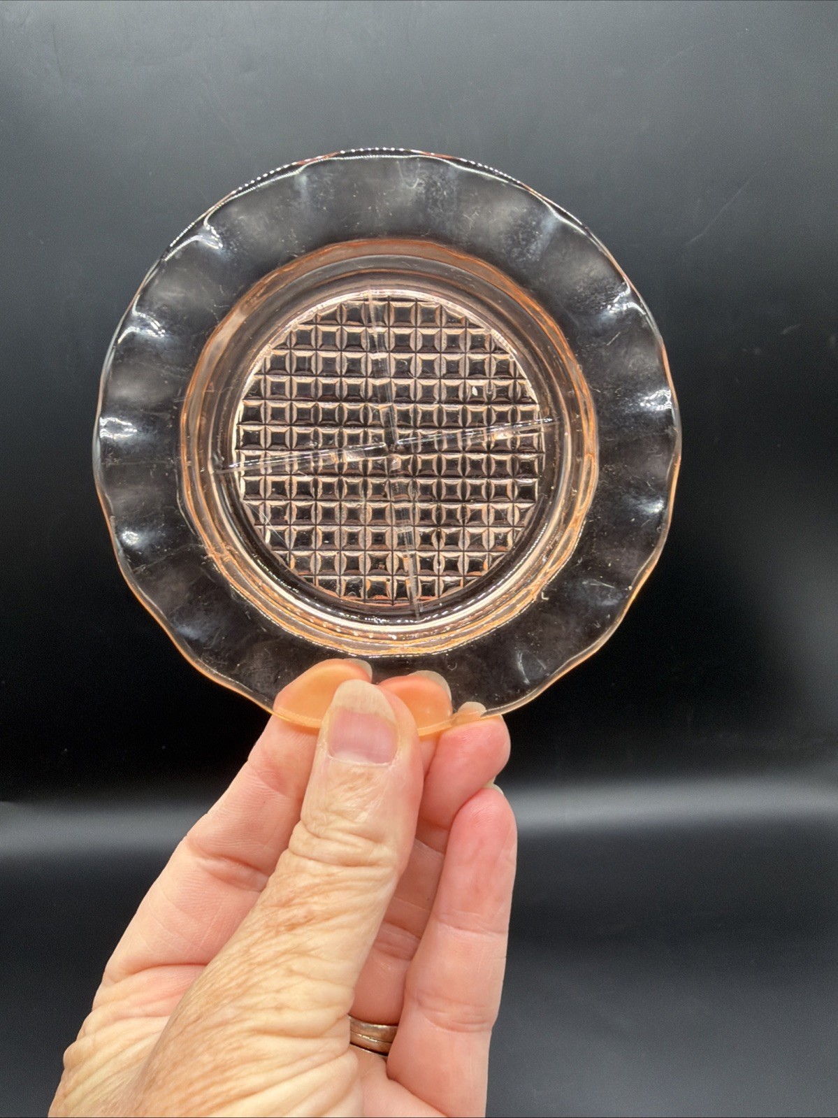 VTG Jeanette Glass Homespun Pink Depression Glass Coaster/Ashtray Set