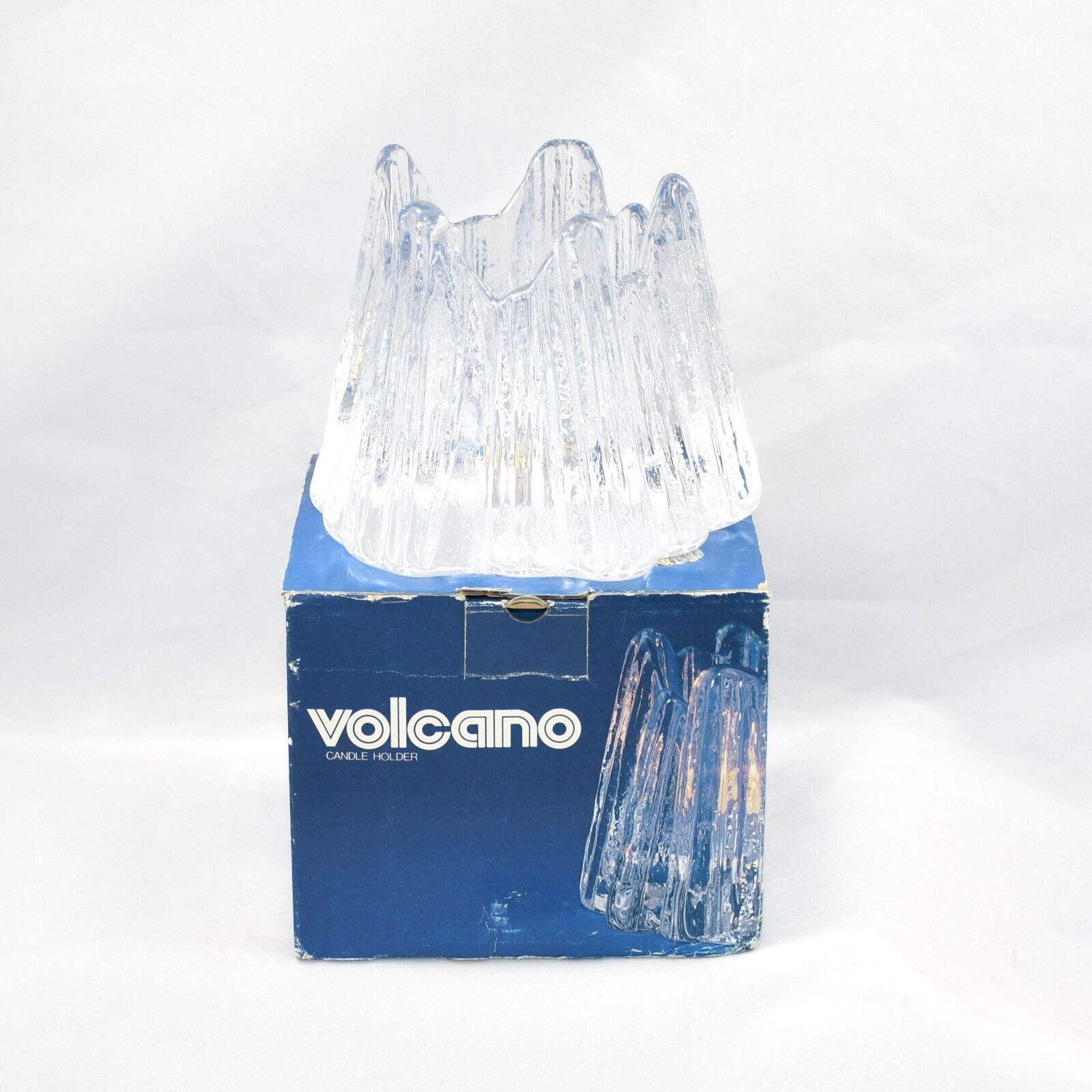 Vintage Nybro Volcano Crystal Candle Holder Votive Sweden Rune Strand Orig Box