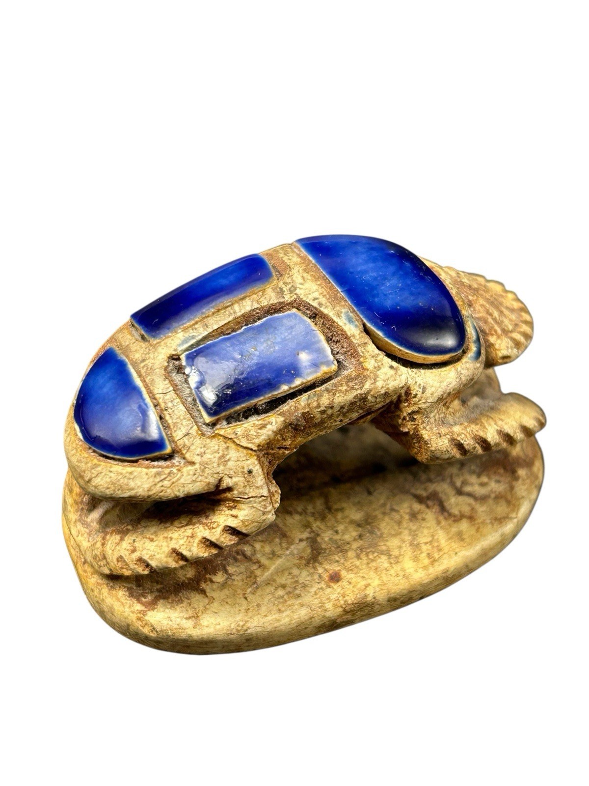 Egyptian Scarab Beetle Pendent Carved Soap Stone? Blue Glaze Hieroglyphics