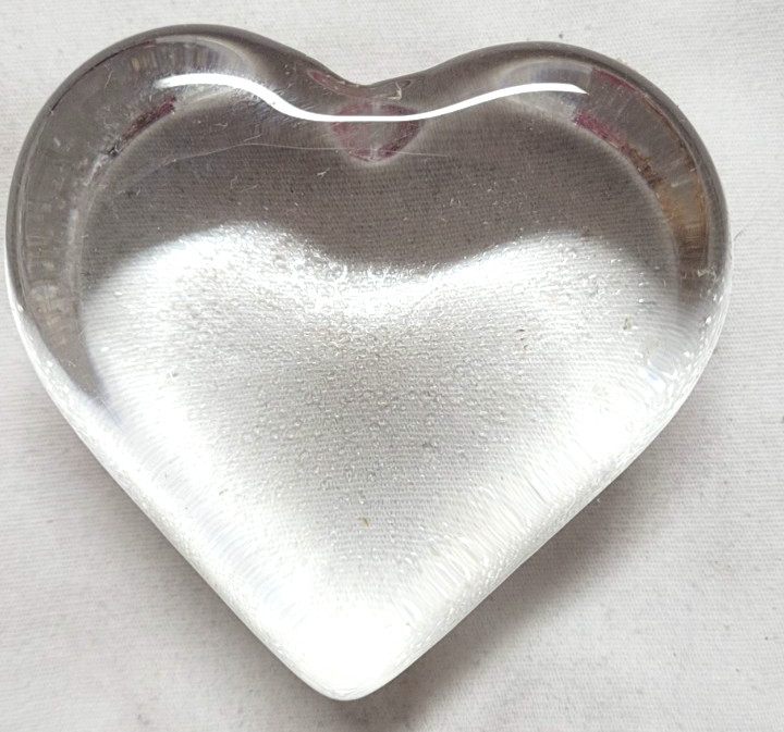 Clear Heart Shaped Glass Paperweight 1.25″ tall Textured Sides and Bottom Vtg
