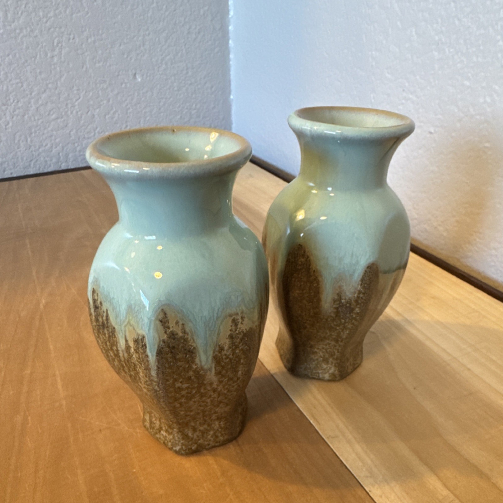 Pair Ceramic Drip Glaze Bud Vases Turquoise Light Blue Brown Art Pottery Glossy