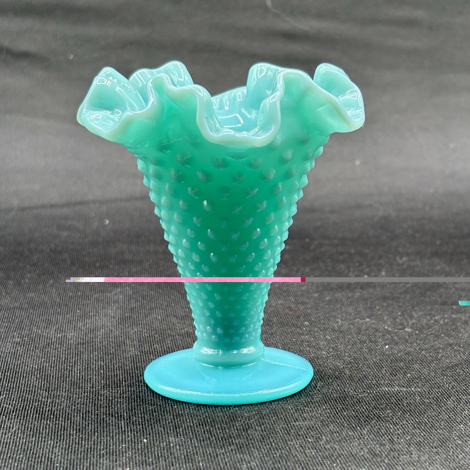 Fenton Hobnail Turquoise Milk Glass Ruffle Edge Trumpet Vase 4″ H Vintage EUC