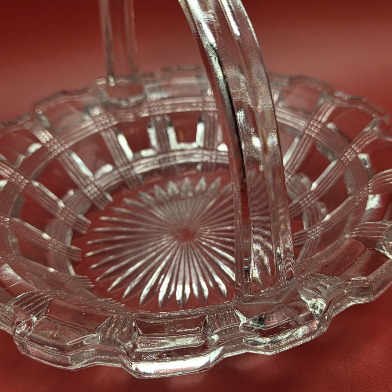 Clear Pressed Glass Mini Basket Candy Dish Trinket Bowl Starburst 5″