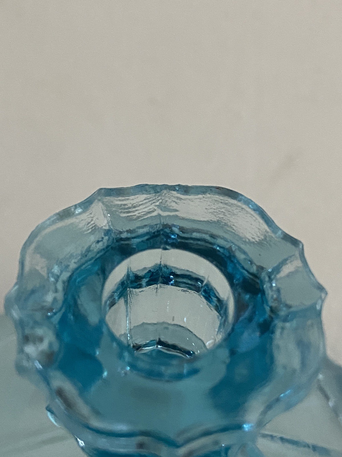 Small blue glass uranium UV glow chamber style candlestick holders
