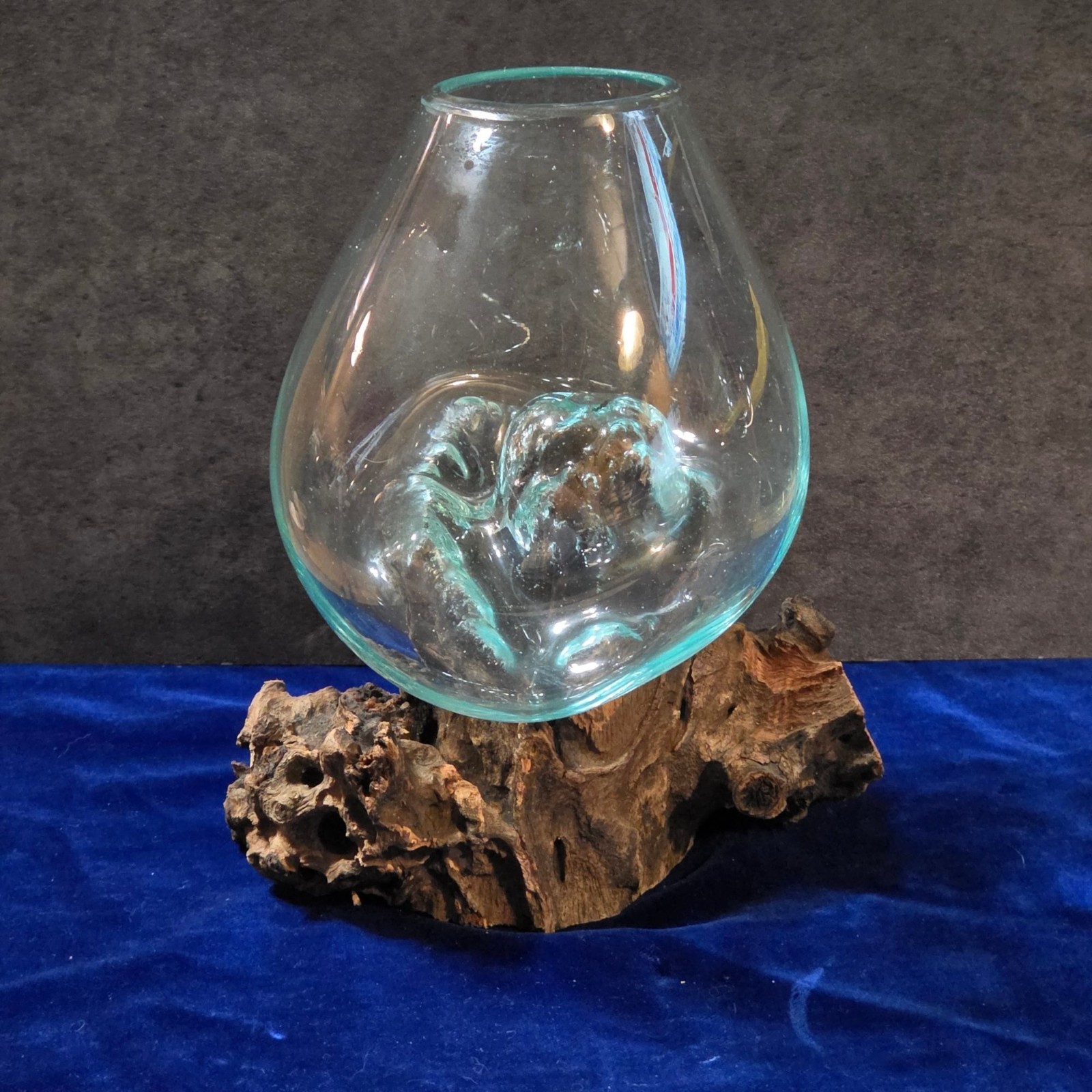 Hand Blown Molten Glass on Wood Root Base Vase 7.25″ Terrarium Planter Bali OOAK