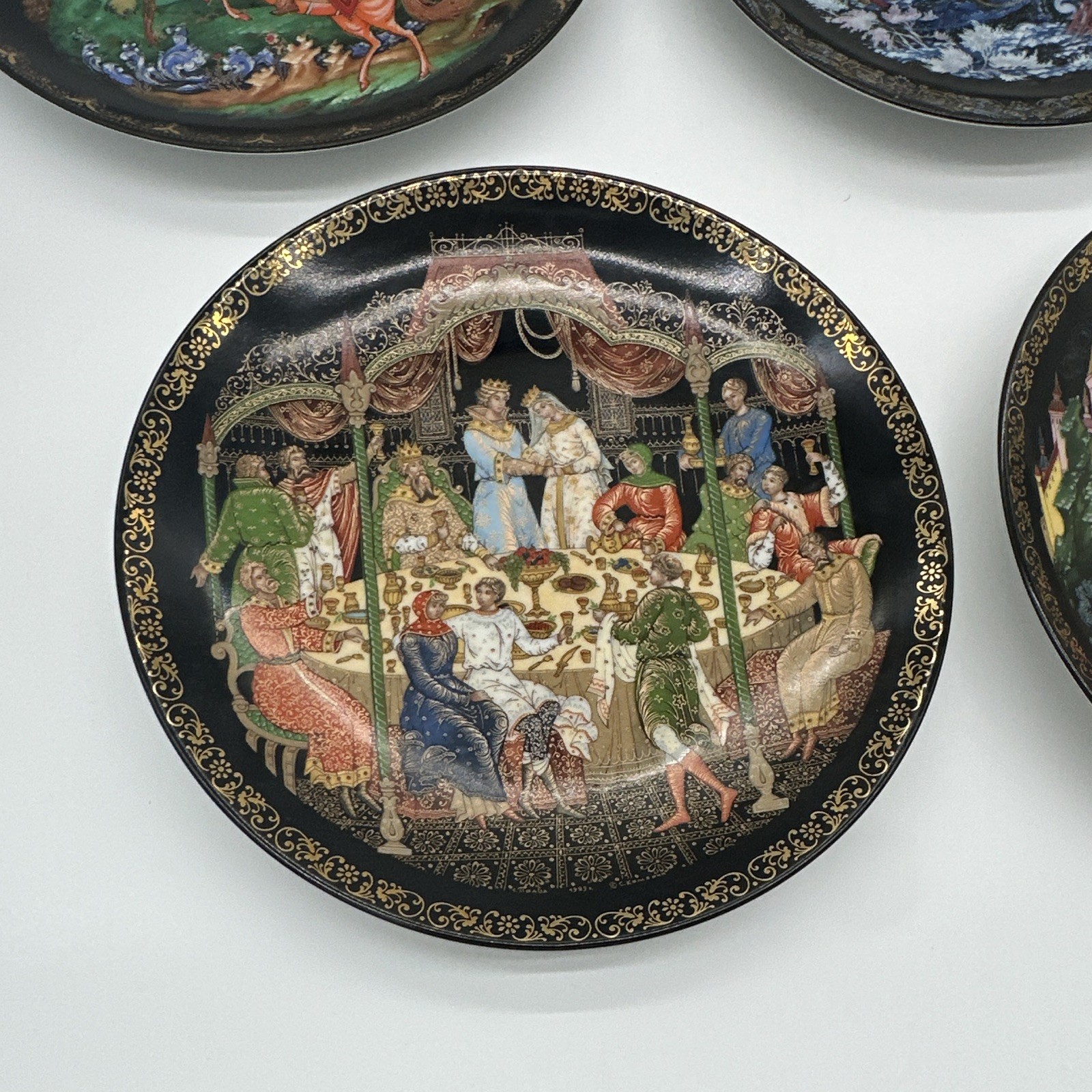 Palekh Numbered Set of 5 Russian Fairy Tale Collector Plates Black/Gold Trim