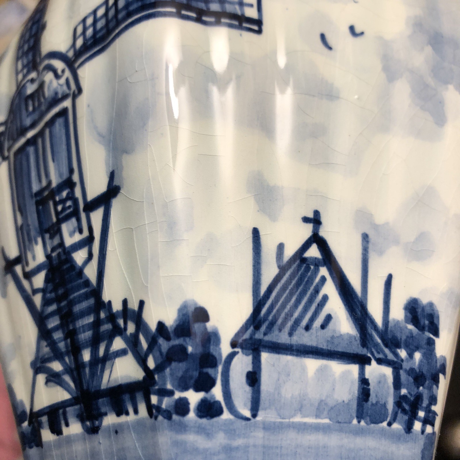 VTG Royal Delft Porcelain Vase Windmill Hand Painted Holland 9” H-1960