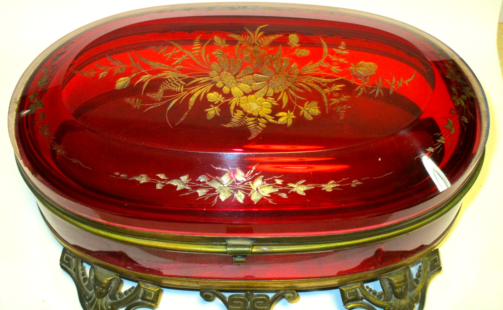 Massive Egyptian Revival Ormolu Cranberry Glass Box Casket Pharoah Heads AMAZING