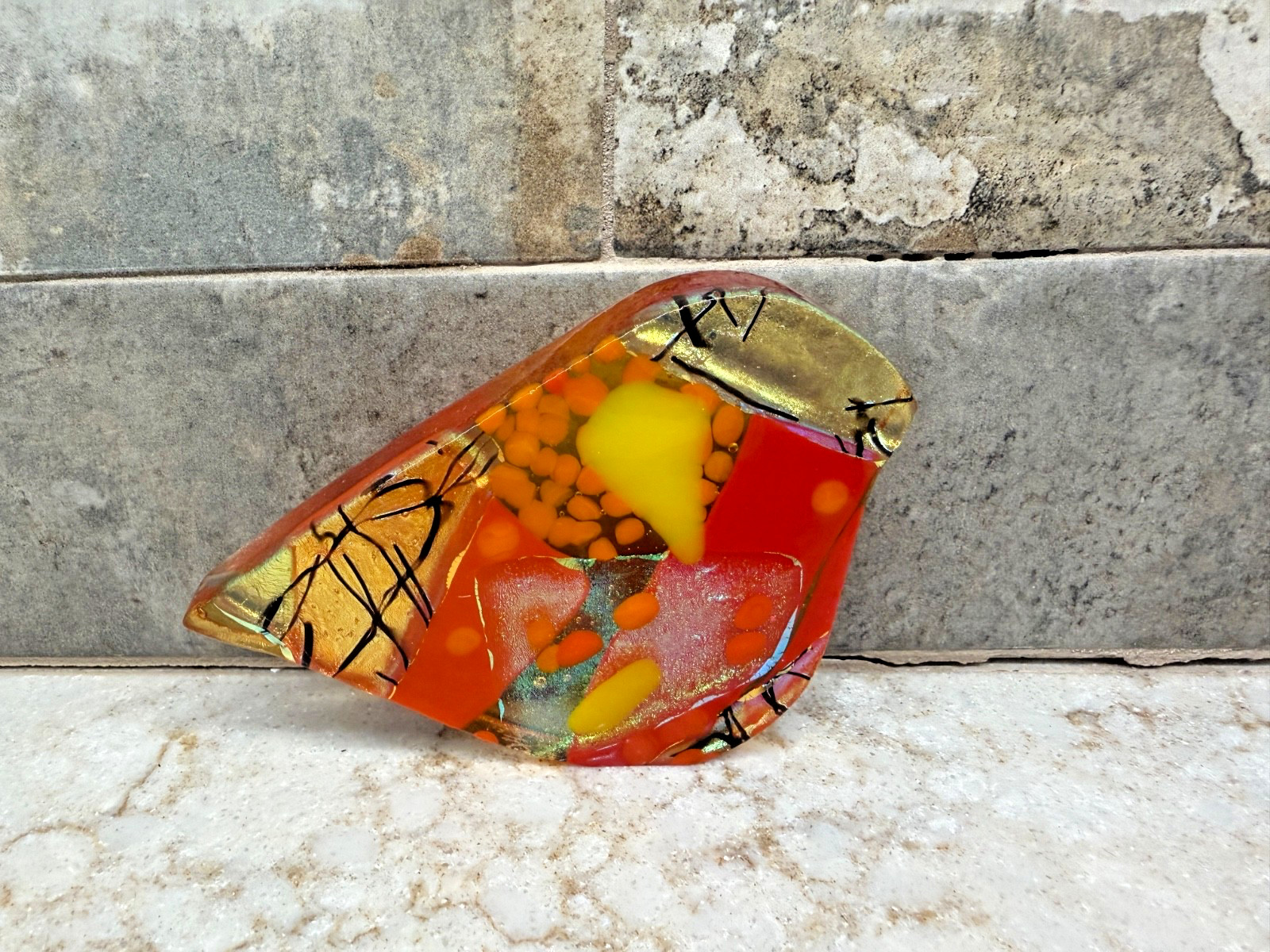 Red/Gold Glass Bird Paperweight Signed SHG
