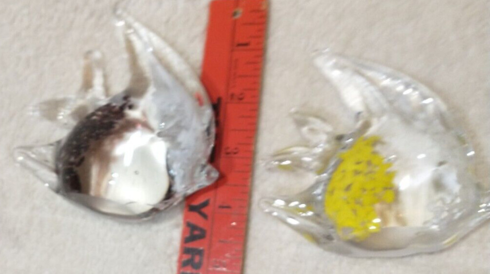 2 Art Glass Angel Fish Statue Clear Yellow White-Clear Black White Paperweight