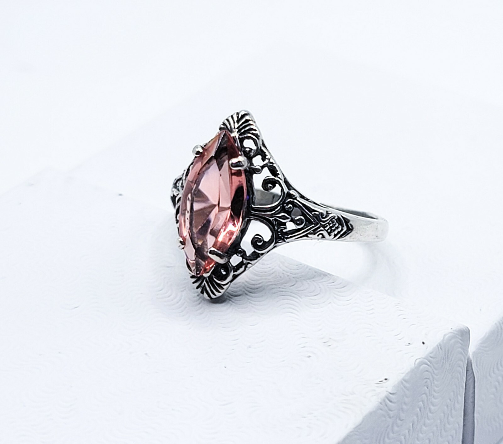 Sterling Pink Uranium Glass Ring Marquise Cut Filigree Oxidized 925 Silver