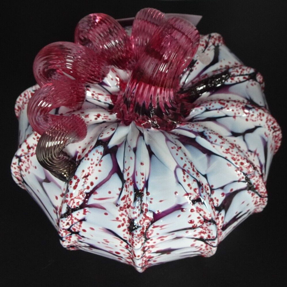 NIB Luke Adams Art Glass “CHERRY BLOSSOM” Mottled Pumpkin Figurine 5″ Squat LE